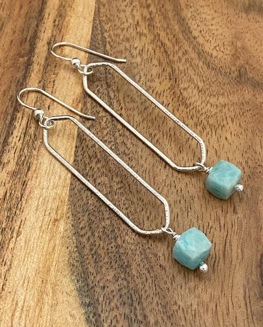 Sterling silver hammer textured oval hoops with amazonite