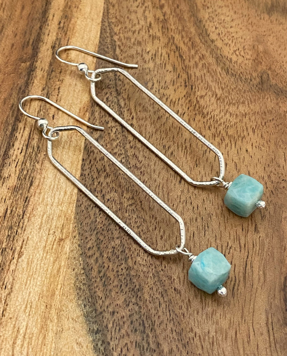 Sterling silver hammer textured oval hoops with amazonite