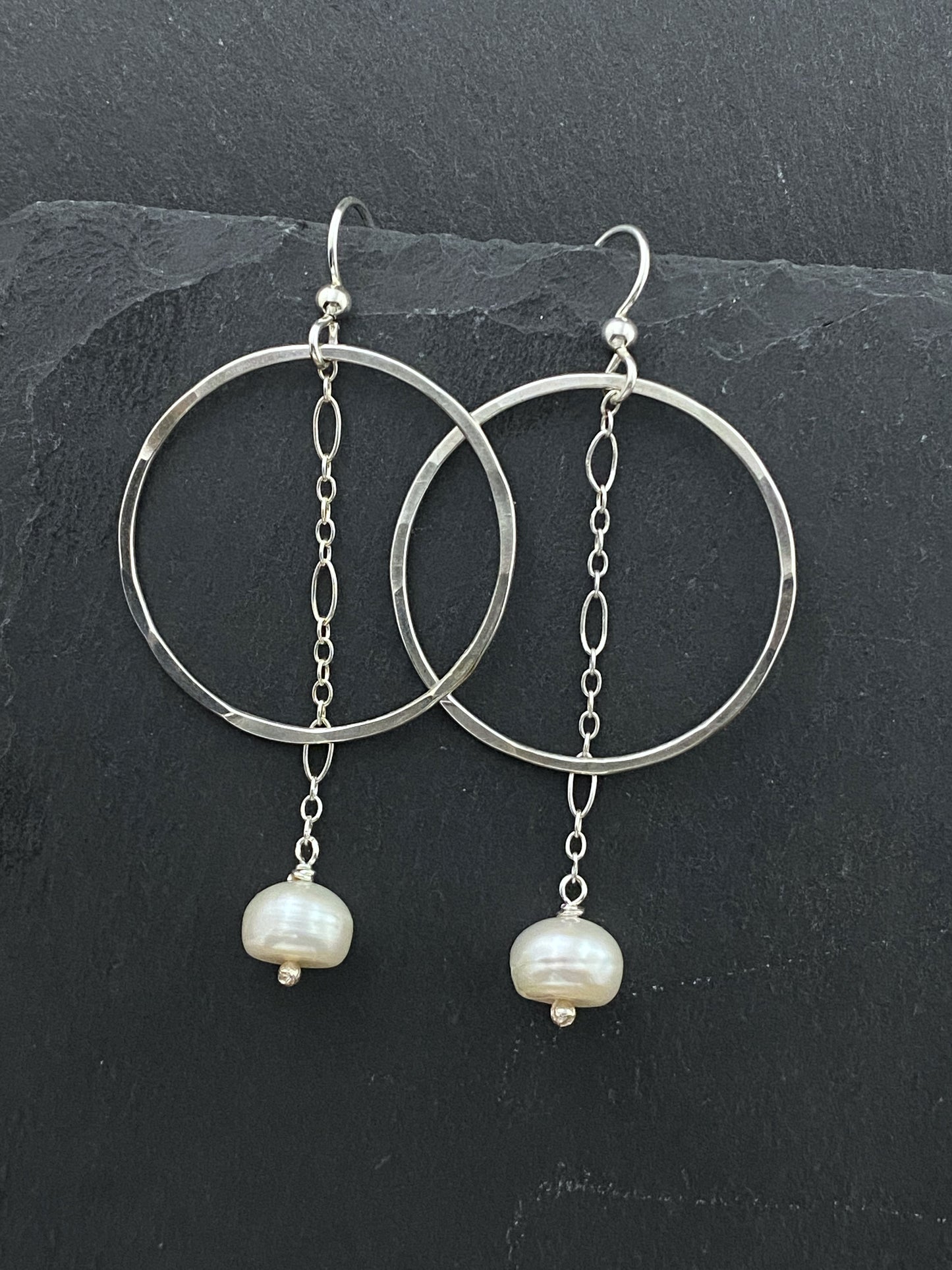 Sterling silver forged hoop earrings with pearls