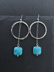 Sterling silver forged hoop earrings with amazonite