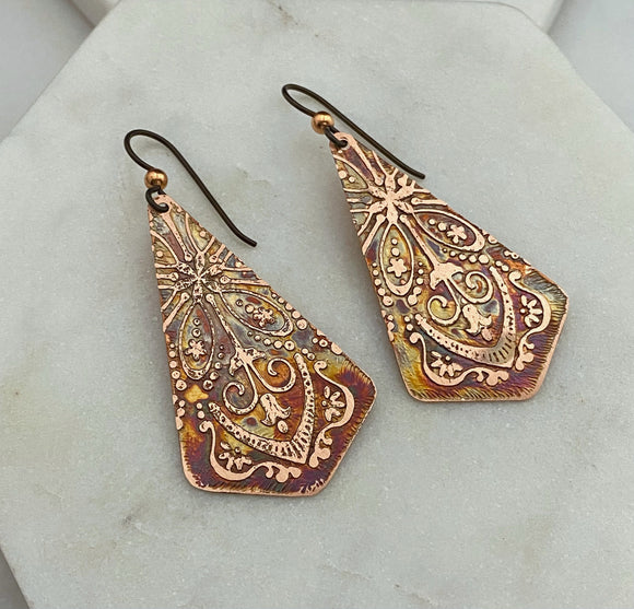 Acid  etched copper earrings