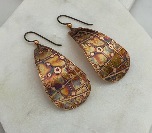 Large acid etched copper teardrop earrings