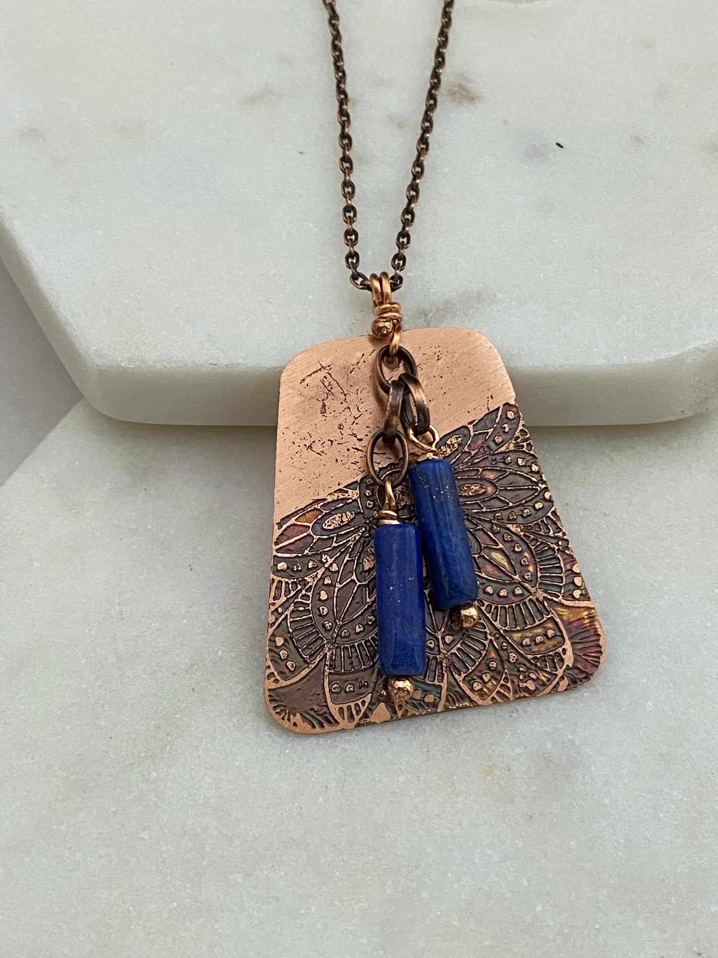 Acid etched copper necklace with lapis gemstone