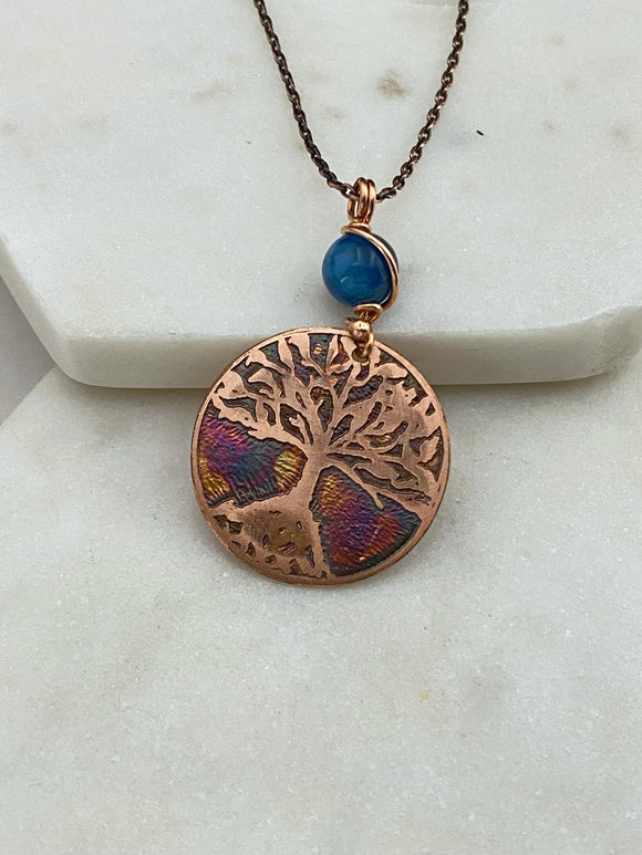 Acid etched copper tree necklace with apatite gemstone