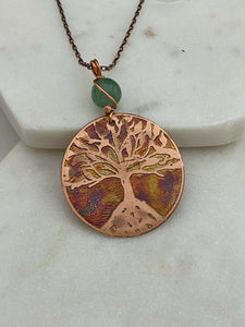 Acid etched copper tree necklace with aventurine gemstone