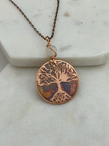 Acid etched copper tree necklace with moonstone gemstone