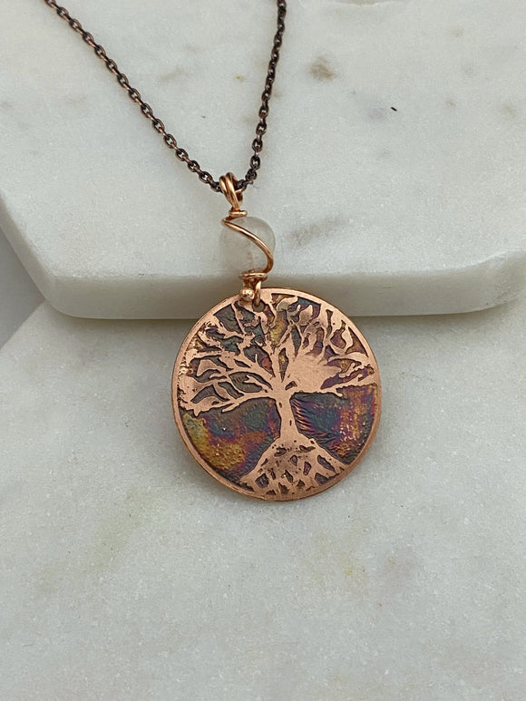 Acid etched copper tree necklace with moonstone gemstone