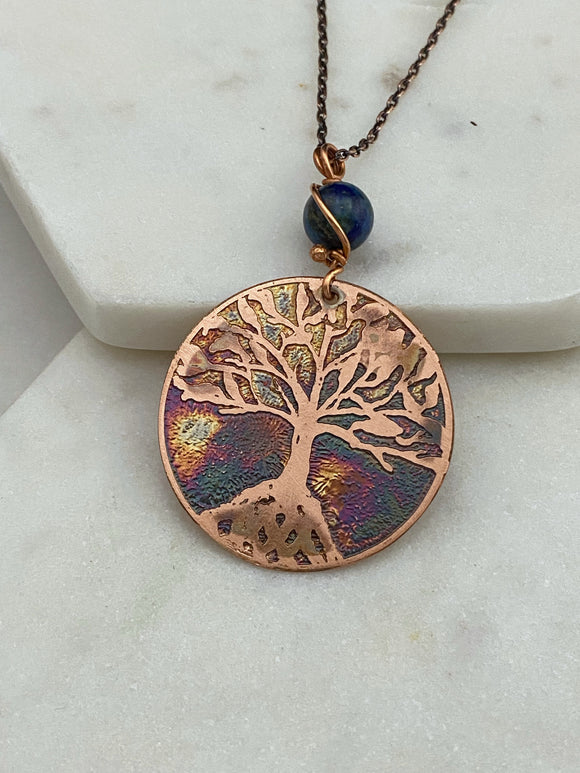 Acid etched copper tree necklace with azurite chrysocolla gemstone