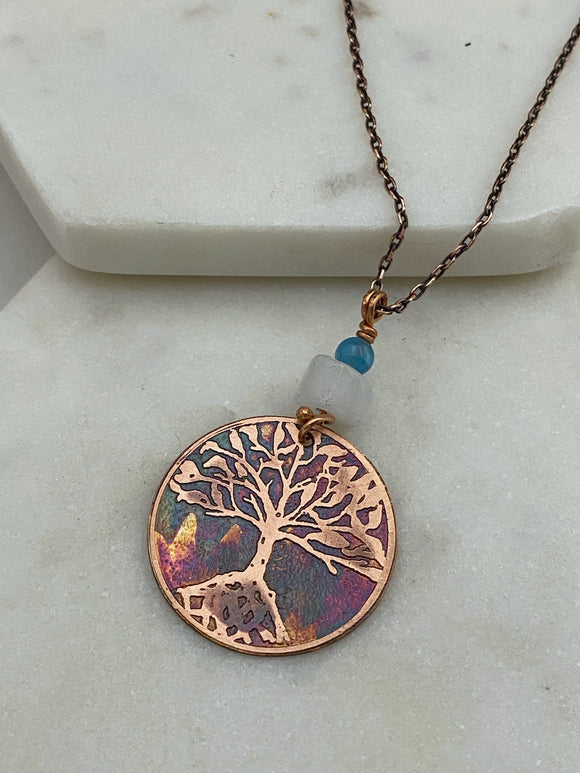 Acid etched copper tree necklace with moonstone and apatite gemstones