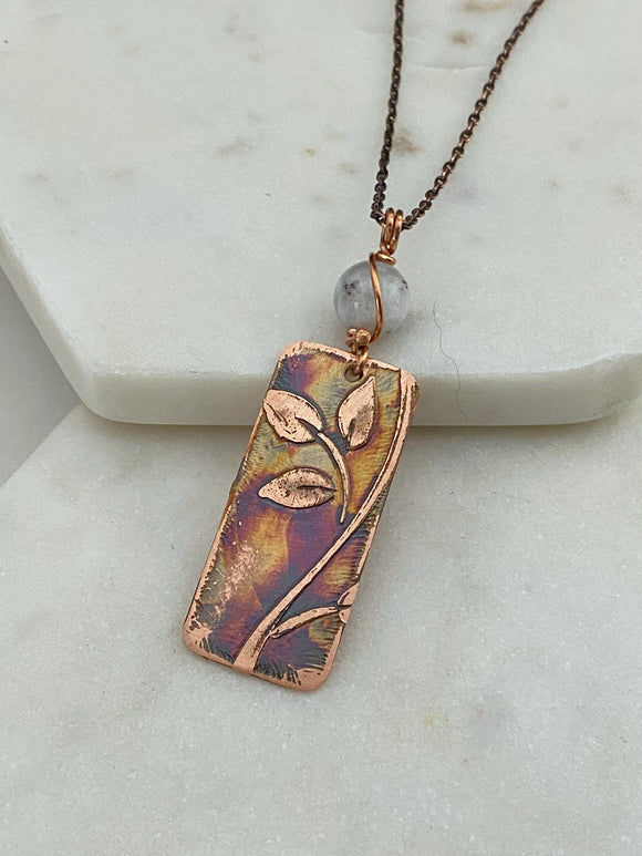 Acid etched copper leaf necklace with moonstone gemstone