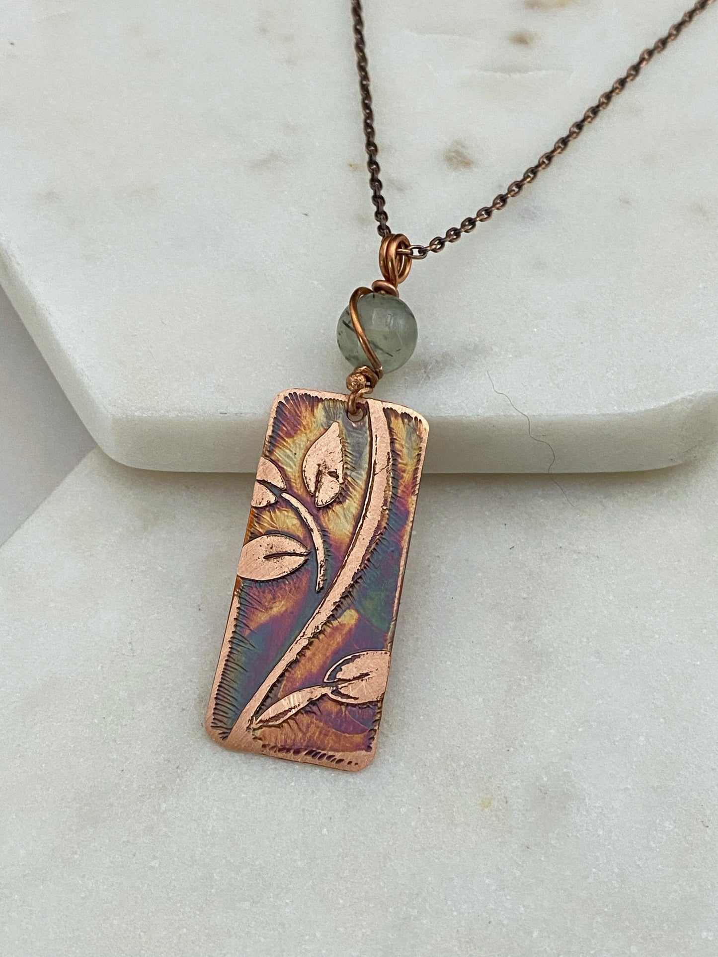Acid etched copper leaf necklace with prehnite gemstone