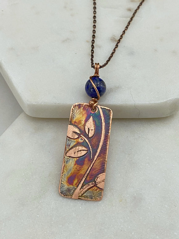 Acid etched copper leaf necklace with lapis gemstone