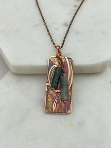 Acid etched copper necklace with moss agate gemstone