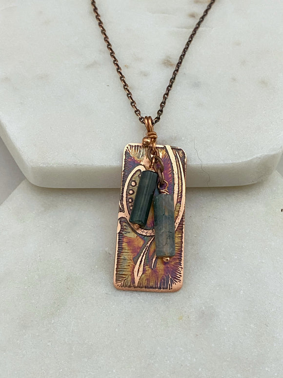 Acid etched copper necklace with moss agate gemstone