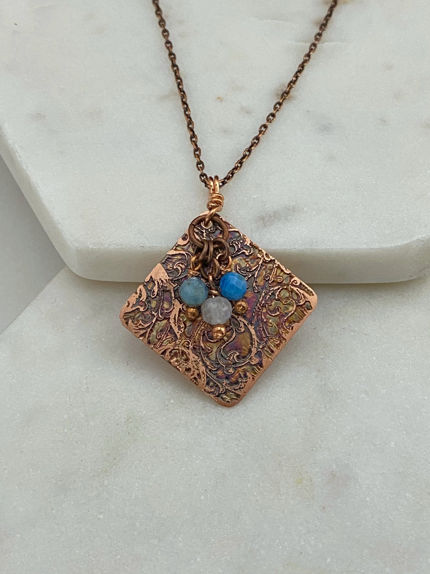 Acid etched copper necklace with moonstone and apatite gemstone