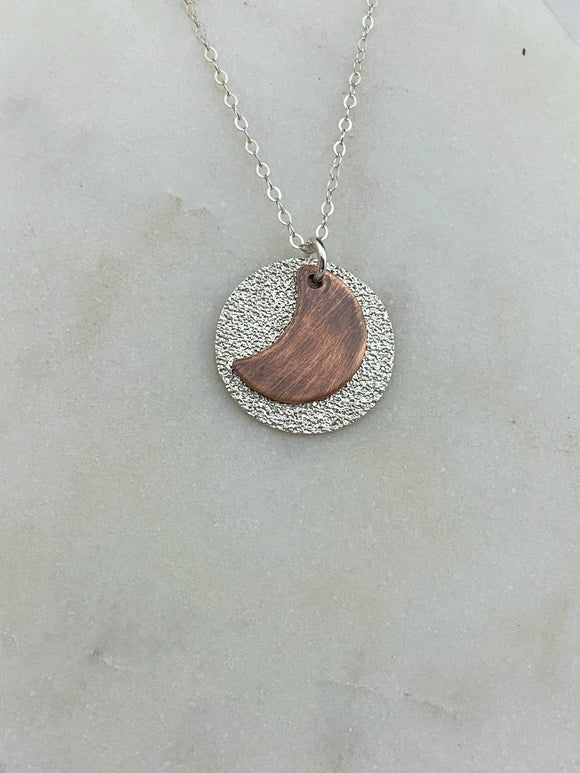 Sterling silver and copper moon necklace
