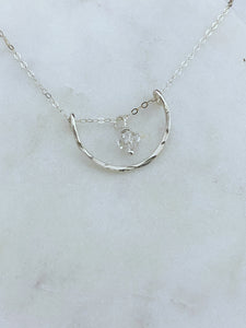 Forged sterling silver wire half moon necklace with herkimer diamond