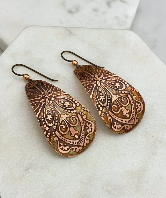 Large acid etched copper teardrop earrings