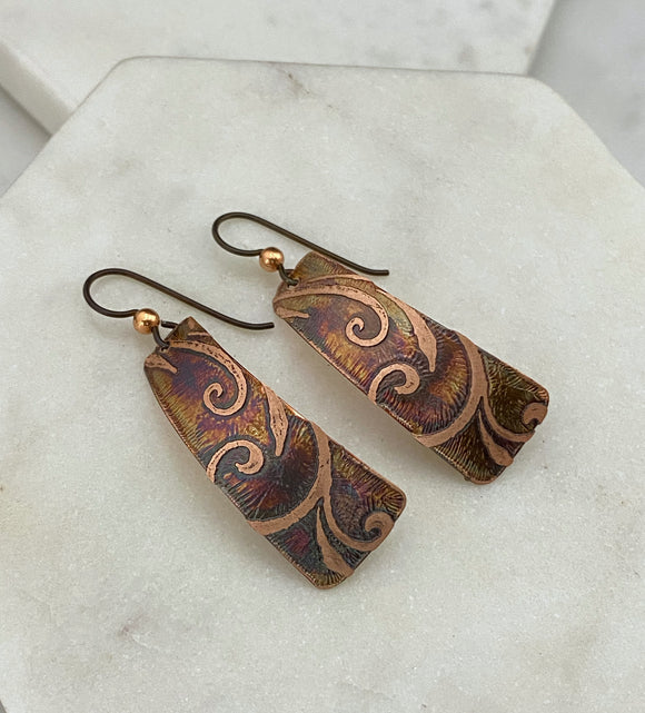 Acid etched copper irregular rectangle earrings