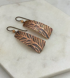 Acid etched copper irregular rectangle earrings