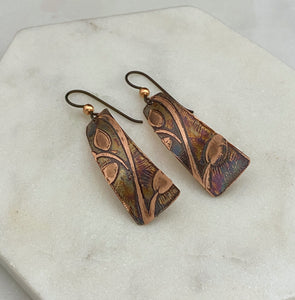 Acid etched copper irregular rectangle earrings