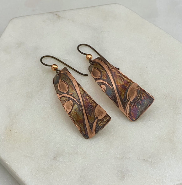 Acid etched copper irregular rectangle earrings