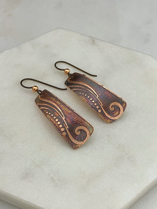 Acid etched copper irregular rectangle earrings