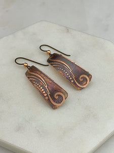 Acid etched copper irregular rectangle earrings