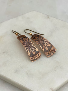 Acid etched copper irregular rectangle earrings