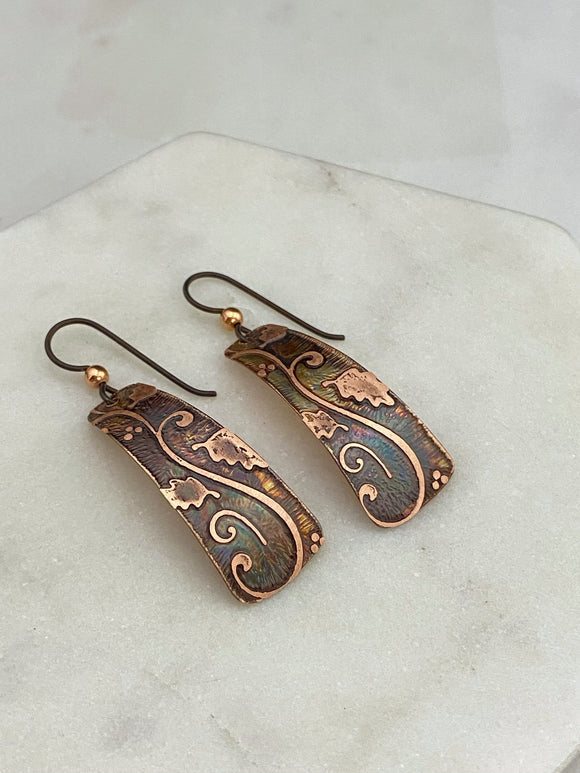 Acid etched copper irregular rectangle earrings