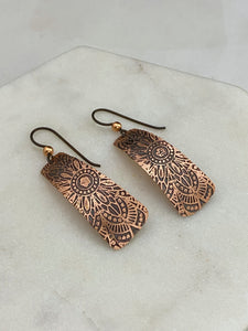 Acid etched copper irregular rectangle earrings