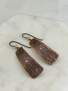 Acid etched copper irregular rectangle earrings
