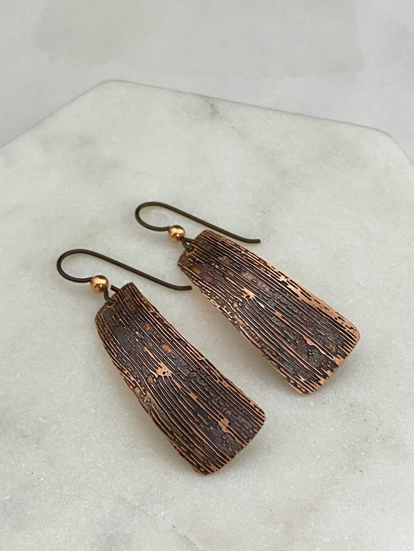 Acid etched copper irregular rectangle earrings