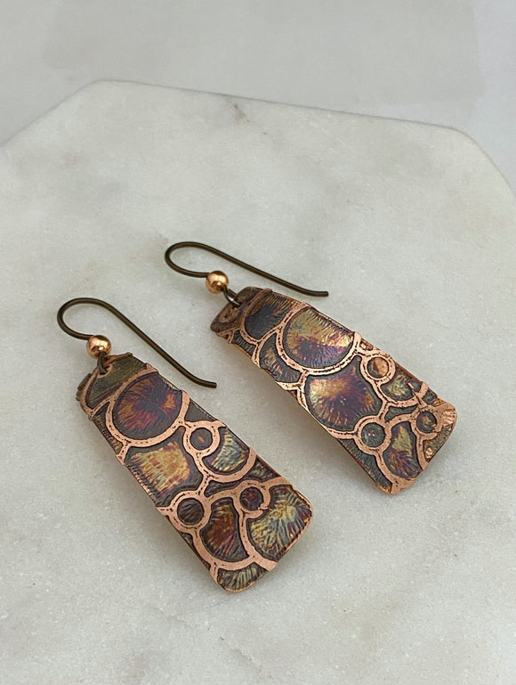 Acid etched copper irregular rectangle earrings