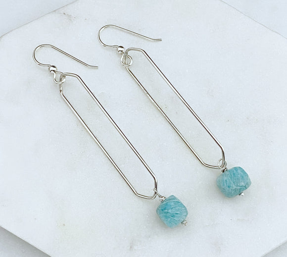 Sterling silver oval hoops with amazonite