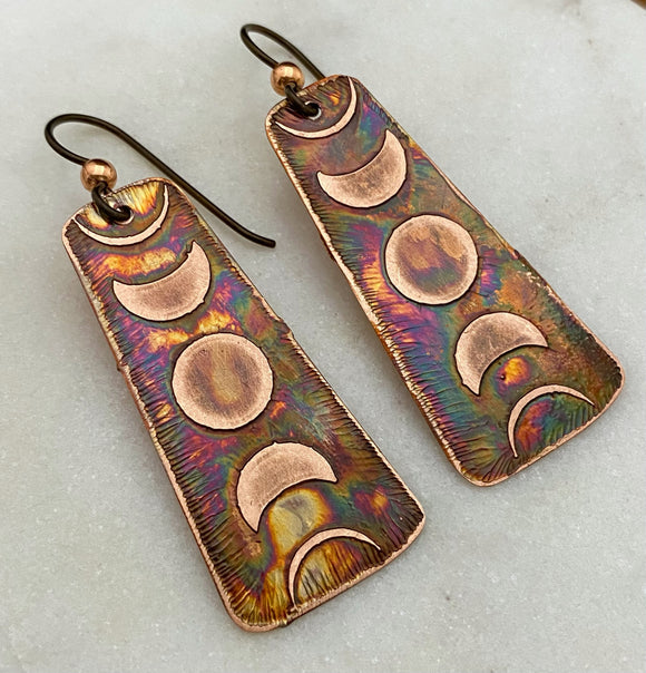 Acid etched copper moon phase earrings
