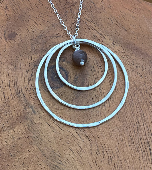 Sterling silver forged circle necklace with coffee moonstone gemstone