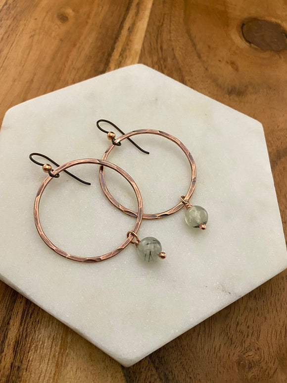 Copper hoop earrings with prehnite gemstone