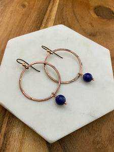 Copper hoop earrings with lapis gemstone