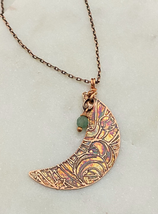 Acid etched copper crescent necklace with aventurine gemstone