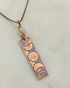 Moon phase acid etched copper necklace with moonstone gemstone