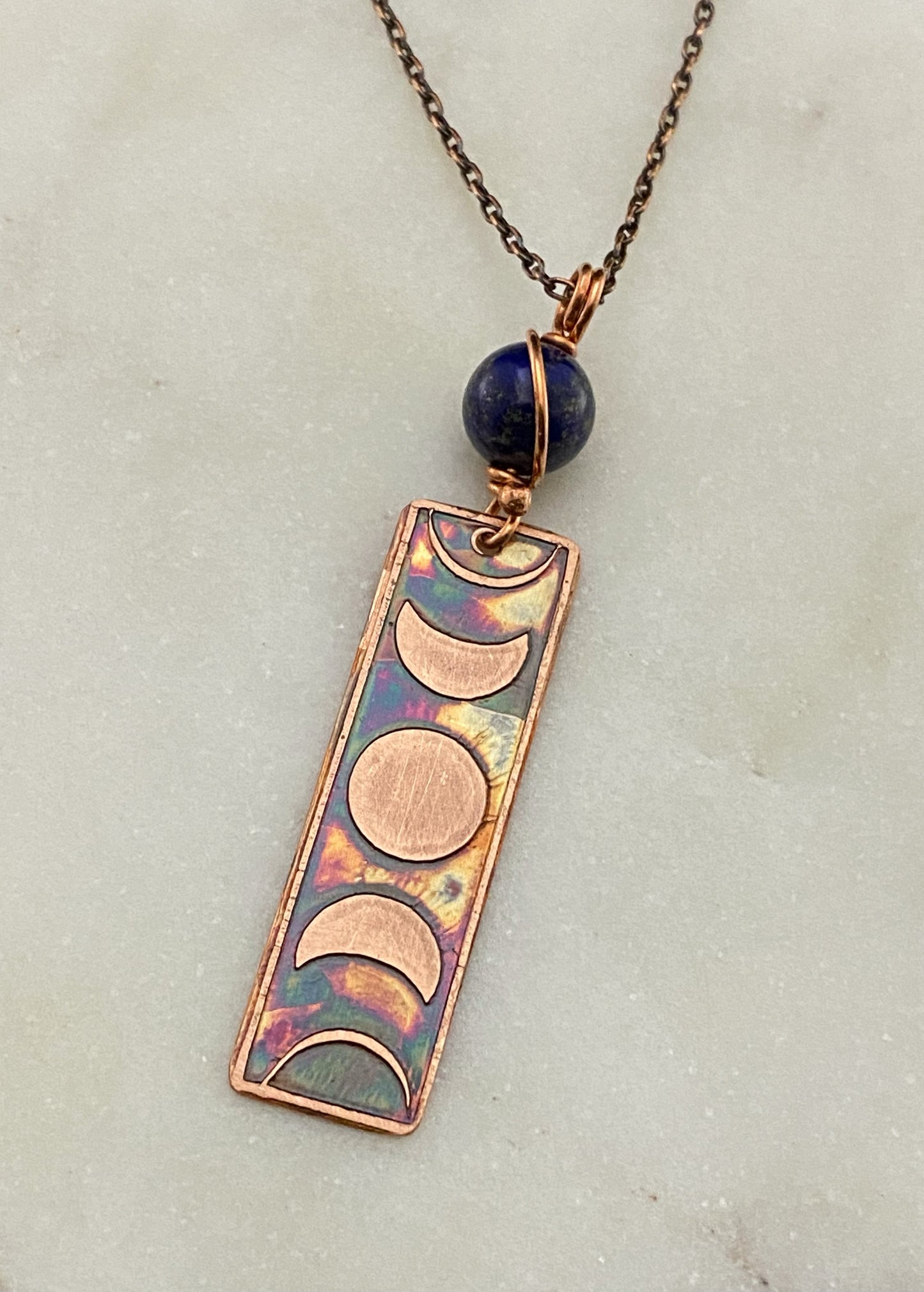 Moon phase acid etched copper necklace with lapis gemstone