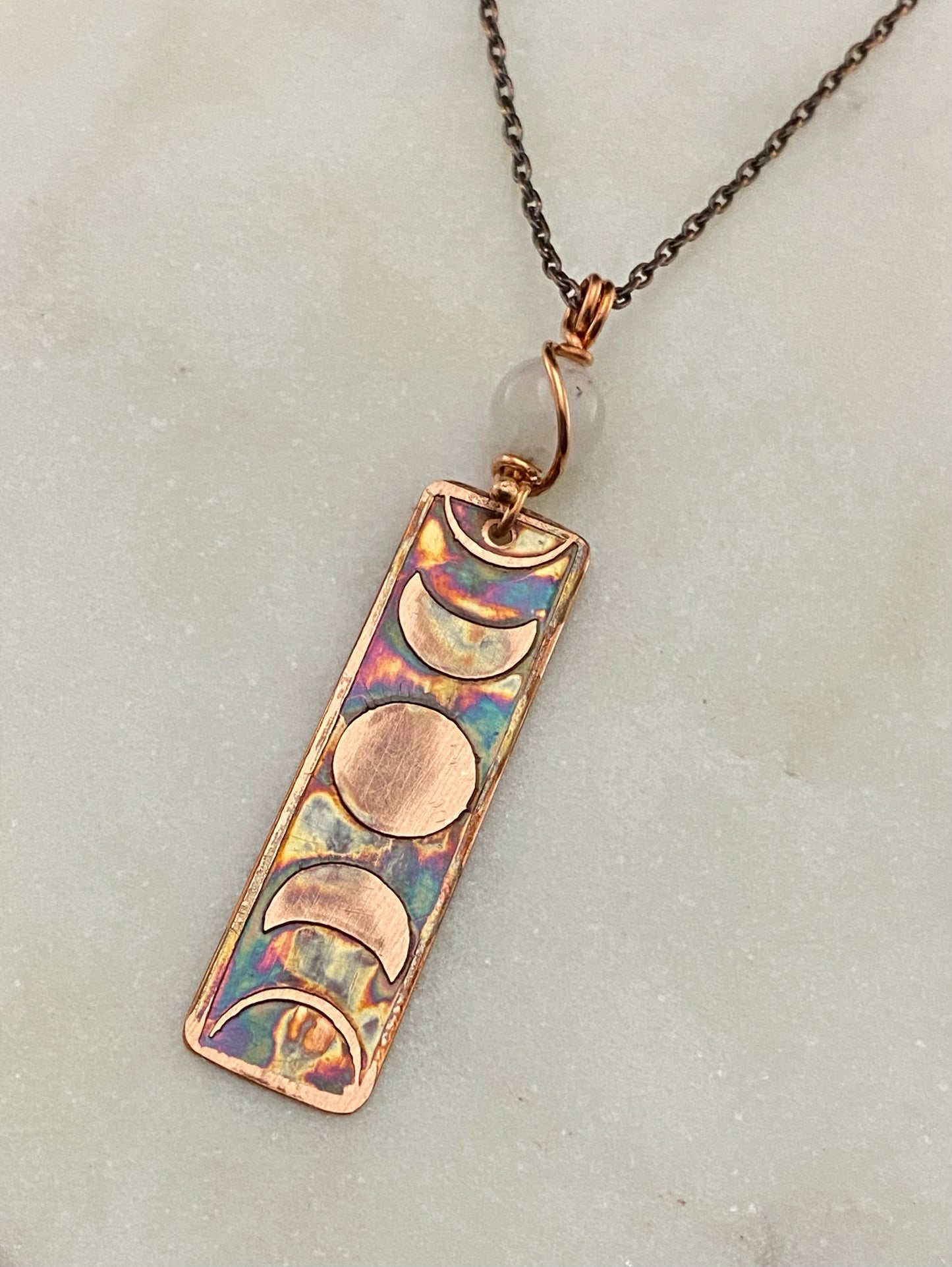 Moon phase acid etched copper necklace with Moonstone gemstone