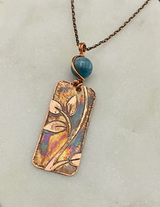 Acid etched copper leaf necklace with amazonite gemstone