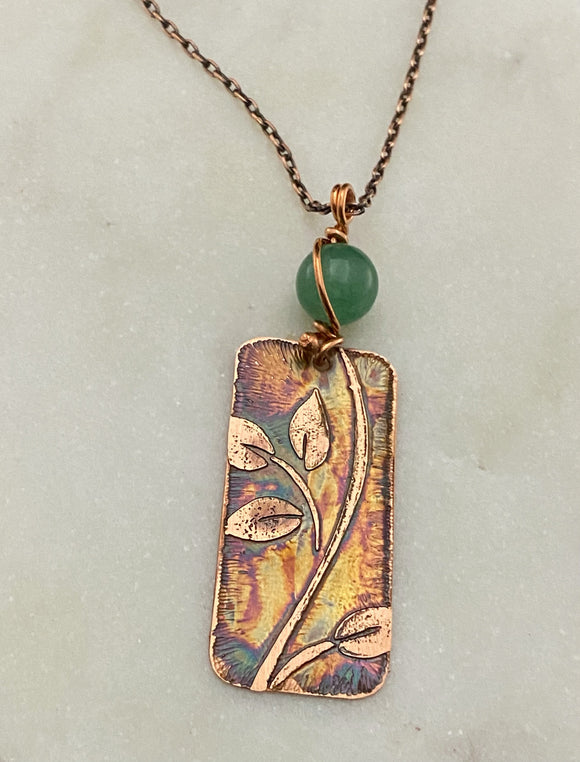 Acid etched copper leaf necklace with aventurine gemstone