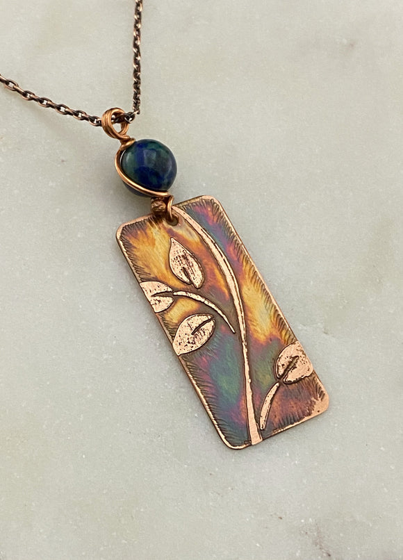 Acid etched copper leaf necklace with azurite chrysocolla gemstone