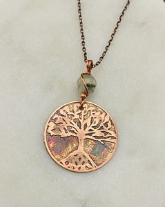 Acid etched copper tree necklace with prehnite gemstone