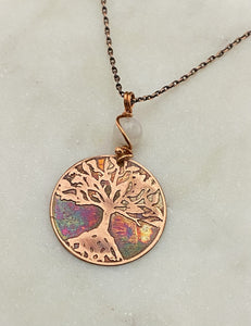 Acid etched copper tree necklace with moonstone gemstone