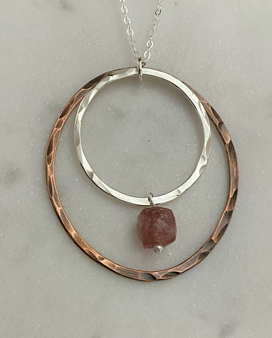 Sterling silver and copper forged hoop necklace with strawberry quartz
