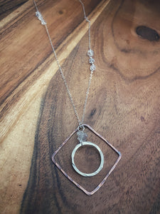 Sterling silver and copper forged hoop necklace with herkimer diamond gemstones